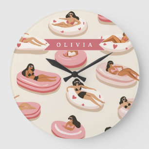 Personalisierte Süße Rosa Pool Schwimmkörper Somme Große Wanduhr