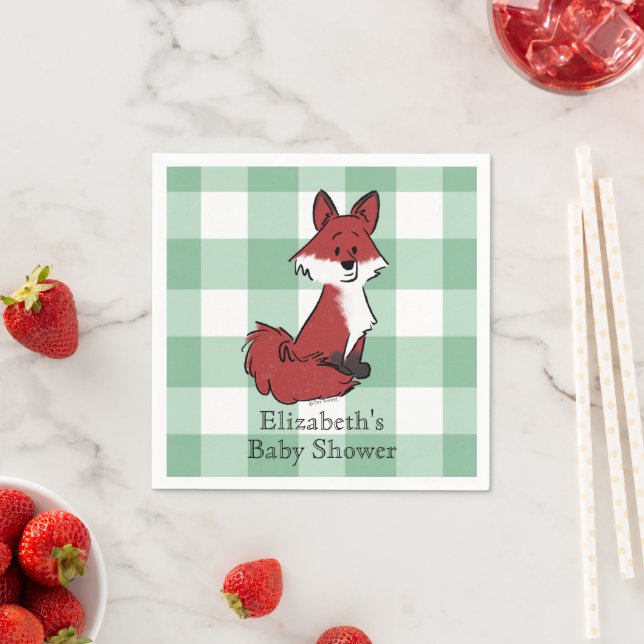 Personalisierte Süße Rote Fuchs Grün Gingham Baby  Serviette (Beispiel)