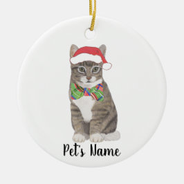 Personalisierte Tabby Katze (grau) Weihnachtsmannm Keramik Ornament