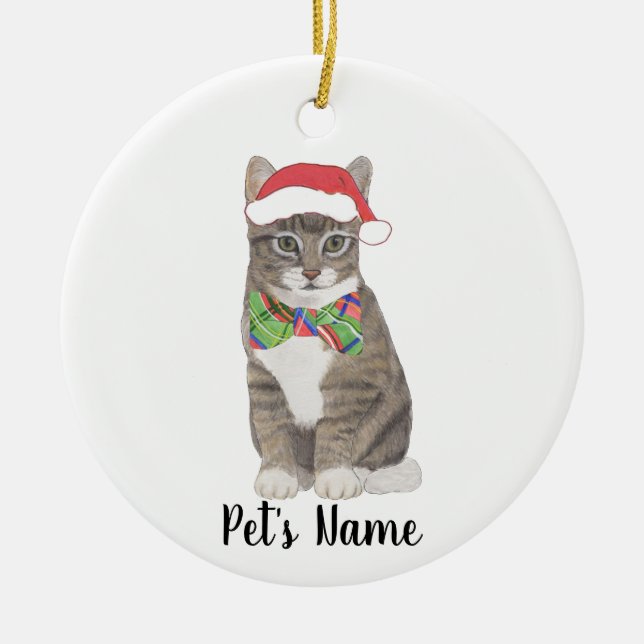 Personalisierte Tabby Katze (grau) Weihnachtsmannm Keramik Ornament (Vorne)