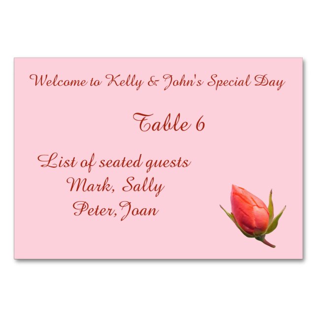Personalisierte Tabelle mit rosa Rose Bud Name Tischnummer (Vorderseite)