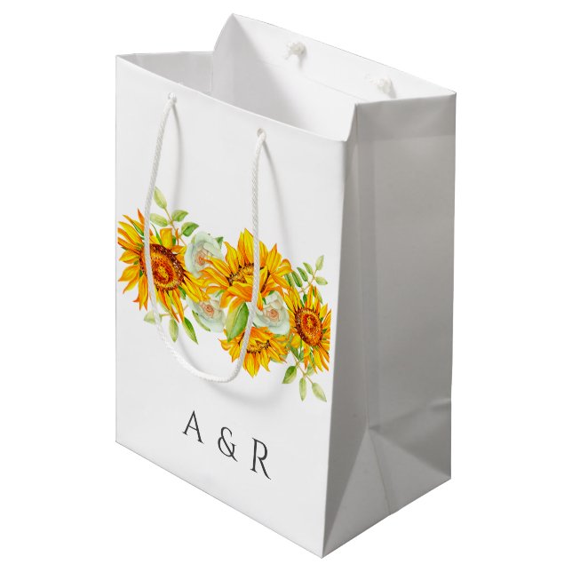 Personalisierte Tafel mit Sonnenblumen Mittlere Geschenktüte (Vorderseite Schrägansicht)