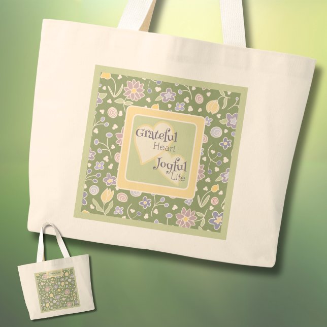 Personalisierte Tasche 'Dankbares Herz, Fröhliches (Grateful Heart Joyful Life Personalized Tote Bag – Floral Green Inspirational Gift)