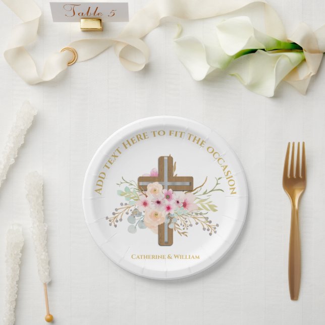 Personalisierte Taufe & Christening Blumenkreuz Pappteller (Hochzeit)