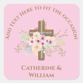 Personalisierte Taufe & Christening Blumenkreuz Quadratischer Aufkleber