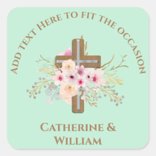 Personalisierte Taufe & Christening Blumenkreuz Quadratischer Aufkleber