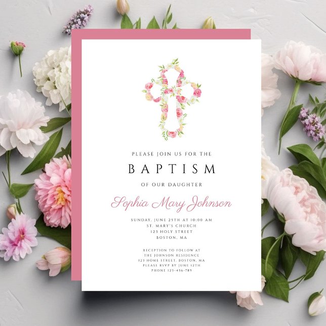 Personalisierte Taufe zwischen rosa und floralem K Einladung (Personalized Elegant Pink Floral Cross Baptism Invitation)