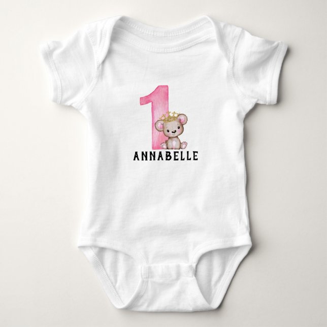 Personalisierte Teddy Bear Girls Pink 1. Geburtsta Baby Strampler (Vorderseite)