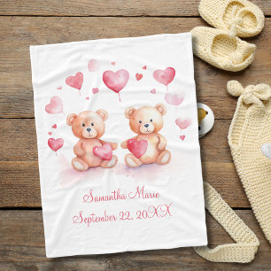 Personalisierte Teddybären Rosa Rote Herzen Baby Fleecedecke