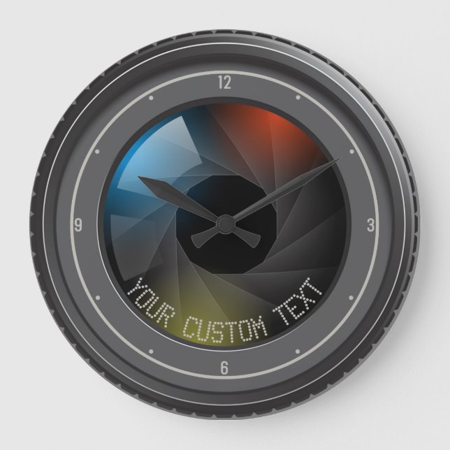 Personalisierte TEXT SLR-Kamera Zoom-Fotoleuchten Große Wanduhr (Vorderseite)