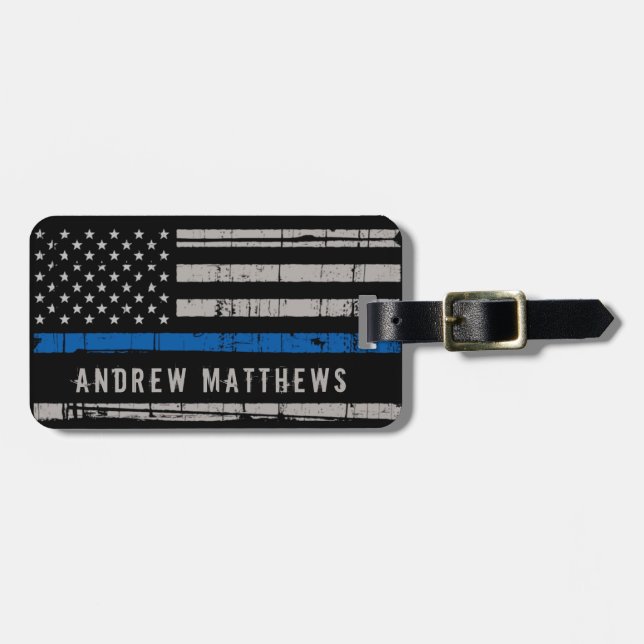 Personalisierte Thin Blue Line American Flag Polic Gepäckanhänger (Vorderseite horizontal)