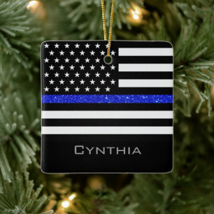 Personalisierte Thin-Blue-Line-Glitzer-Flagge Keramikornament