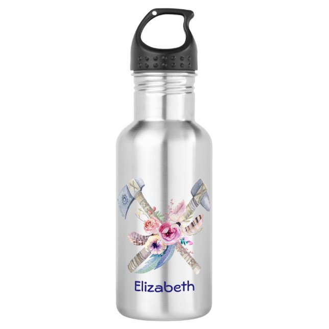Personalisierte Tomahawk Feathers und Blume Edelstahlflasche (Vorderseite)