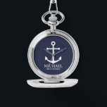 Personalisierte Trauzeuge der Nautischen Marine Armbanduhr<br><div class="desc">Nautical Personalisiert Trauzeugen Geschenk Dieses Design bietet einen weißen Anker und den Namen des personalisierten Trauzeugen mit dem Titel in der weißen klassischen Serif-Schriftart-Stil auf marineblau Hintergrund. Auch perfekt für Trauzeuge,  Brautvater und mehr.</div>