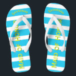 Personalisierte Trauzeugin Aqua gelb Farbe Flip Flops<br><div class="desc">Gelbe und türkisfarbene Streifen Muster - Ändern Sie die Farbe,  indem Sie auf Anpassen klicken. Und sagen Sie alles,  was Sie gewollt haben. Machen Sie diese eine Art Flip Flops,  die Ihre Nachricht auf ihnen haben. Sei das Gerede vom Strand!</div>