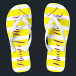 Personalisierte Trauzeugin Lila Gelb, Farbe Flip Flops<br><div class="desc">Lila Kiss-Schriftart für Gelb und Weiß Streifen - Ändern Sie Gelb und Pflaume in Farbe,  indem Sie auf Anpassen klicken. Und sagen Sie alles,  was Sie gewollt haben. Machen Sie diese eine Art Flip Flops,  die Ihre Nachricht auf ihnen haben. Sei das Gerede vom Strand!</div>