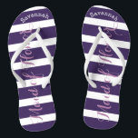 Personalisierte Trauzeugin Lila oder Farbe Flip Flops<br><div class="desc">Lila und Lavendel-Streifen-Muster - Ändern Sie die Farbe durch Klicken auf Anpassen. Und sagen Sie alles, was Sie gewollt haben. Machen Sie diese eine Art Flip Flops, die Ihre Nachricht auf ihnen haben. Seien Sie der Vortrag des Strandes! Hochzeitsfeiern, Junggeselinnen-Abschied, tropische Küstenküste, Meereskreuzfahrtstrand, Hochzeitsfeier Geschenke, Destinationsinsel, Kreuzfahrtschiff Hochzeit, Trauzeugin Geschenke,...</div>
