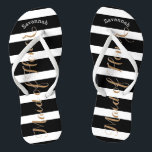 Personalisierte Trauzeugin oder Farbe Flip Flops<br><div class="desc">Farbrosa, Schwarz und Weiß Streifen Muster - Ändern Sie die Farbe durch Klicken auf Anpassen. Und sagen Sie alles, was Sie gewollt haben. Machen Sie diese eine Art Flip Flops, die Ihre Nachricht auf ihnen haben. Sei das Gerede vom Strand! Personalisiert mit Ihrem Namen oder was auch immer und Titel...</div>