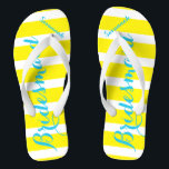 Personalisierte Türkis-Bridson-Gelb-Farbe Flip Flops<br><div class="desc">Primrose Yellow Elegance und White Stripes mit türkisfarbenem Aqua Blue Schriftart - Ändern Sie Gelb und Aquamarinen Schriftart zu Any Color, indem Sie auf Anpassen/Bearbeiten klicken. Und sagen Sie alles, was Sie gewollt haben. Machen Sie diese eine Art Flip Flops, die Ihre Nachricht auf ihnen haben. Sei das Gerede vom...</div>