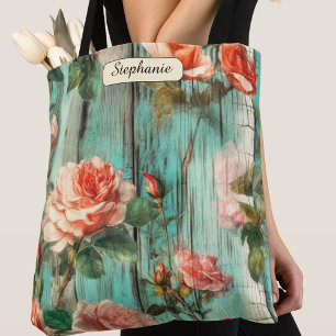 Personalisierte Türkis Shabby Chic Rose Tasche