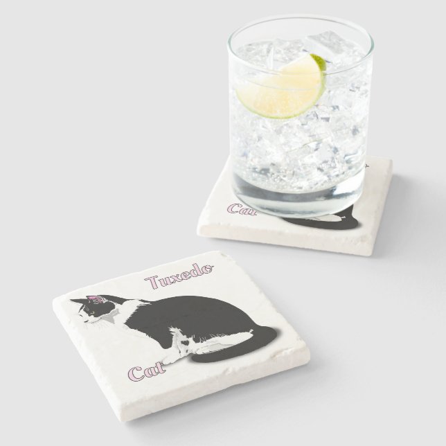 Personalisierte Tuxedo-Katze Steinuntersetzer (Seitenansicht)