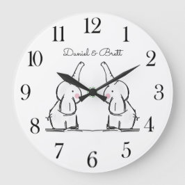 Personalisierte Twins Baby Elephants Kinderzimmer Große Wanduhr