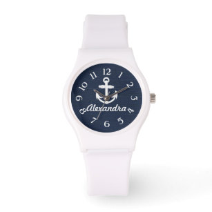 Personalisierte Uhr Navy/White Nautical Anchor