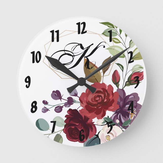 Personalisierte Uhrenuhr Weiße Rosen, goldene Geom Runde Wanduhr (Vorderseite)