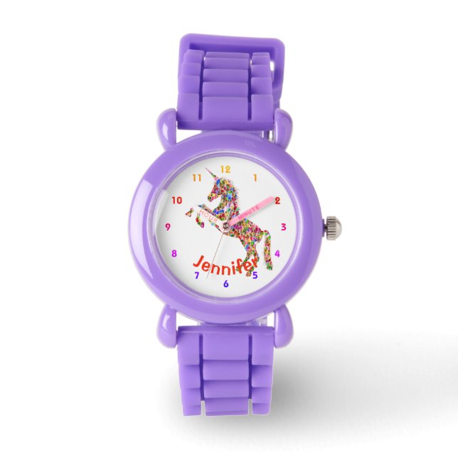 Personalisierte UNICORN Girls sehen RED GLITZER Armbanduhr (Vorderseite)