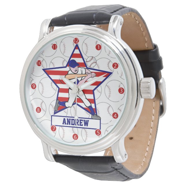 Personalisierte US Flagge Baseball Batter v1 Armbanduhr (Schrägansicht)