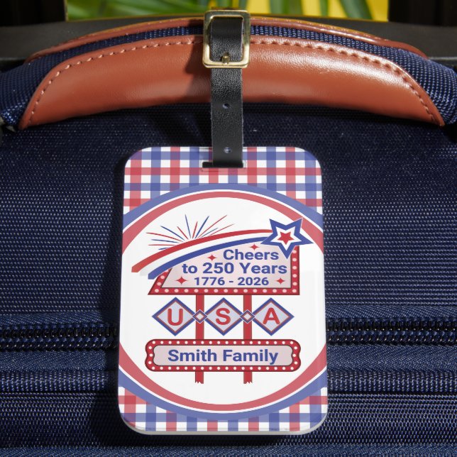 Personalisierte USA 250 – Patriotische Retro-Marki Gepäckanhänger (Vorderseite Insitu 2)