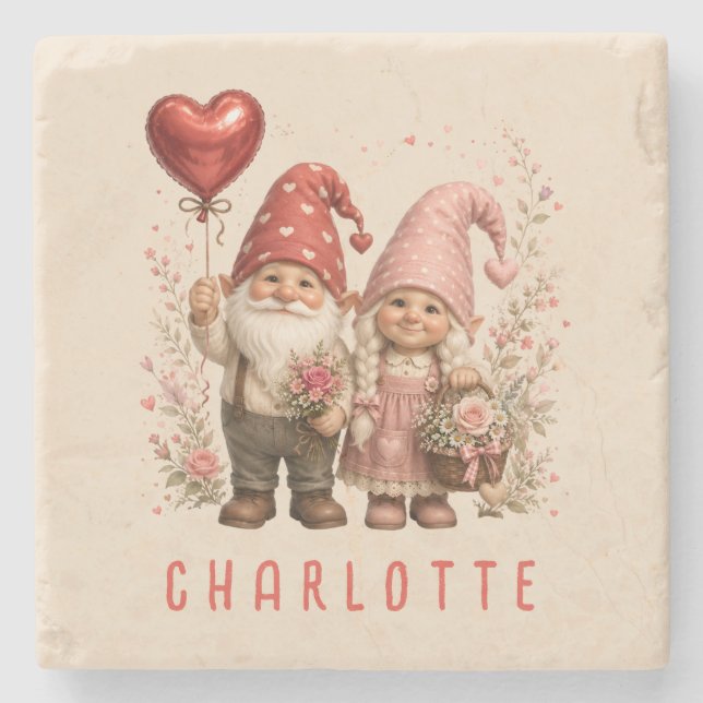 Personalisierte Valentins-Gnome Custom Steinuntersetzer (Vorderseite)