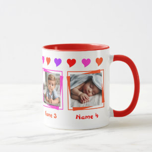 Personalisierte vier Fotos, bunte Herzen, Familie Tasse