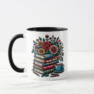 Personalisierte Vintage Bücher, Kaffee und Blume Tasse
