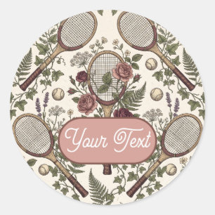 Personalisierte Vintage-Floral-Tennisschläger Runder Aufkleber