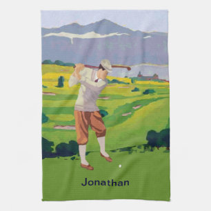 Personalisierte Vintage-Hochland-Golfszene Küchentuch