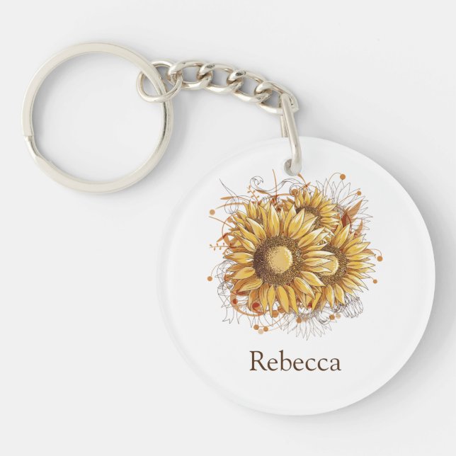 Personalisierte Vintage Hübsche Sonnenblumen Schlüsselanhänger (Vorderseite)
