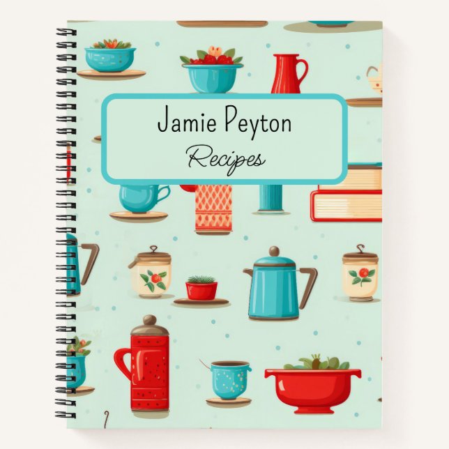 Personalisierte Vintage Küche Aquamarin Red Recipe Notizbuch (Vorderseite)