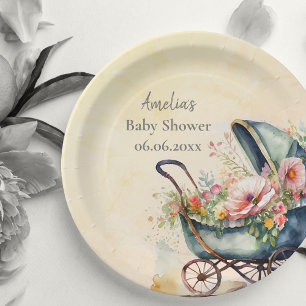 Personalisierte Vintage Pram Babydusche Pappteller