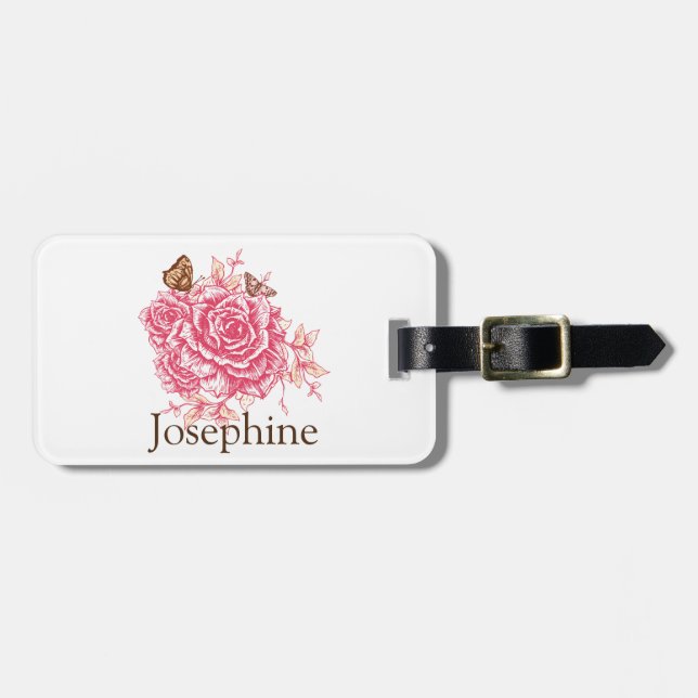 Personalisierte Vintage Rosa Rose Blume Butterf Gepäckanhänger (Vorderseite horizontal)