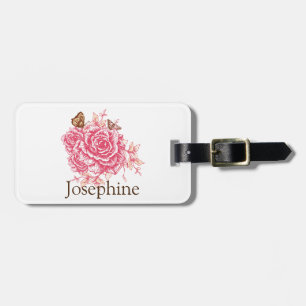 Personalisierte Vintage rosa Rosen-Blume Butterf Gepäckanhänger
