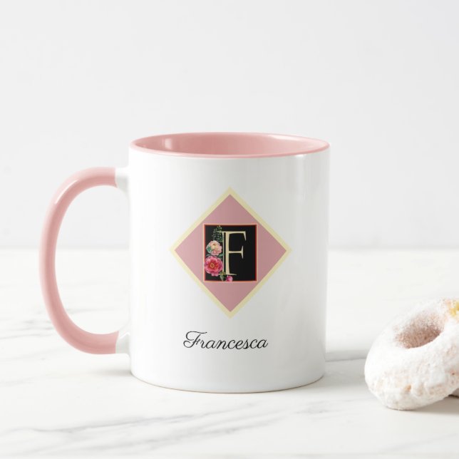 Personalisierte Vintage Rose "F" Tasse (Mit Donut)