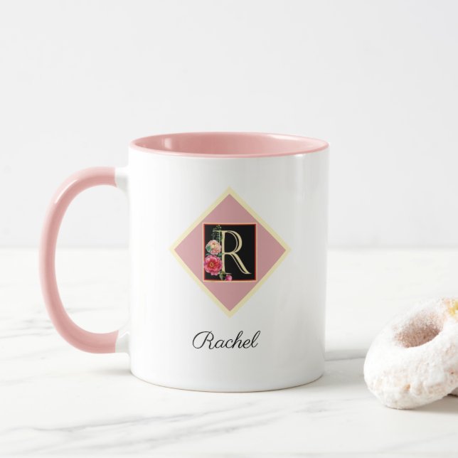 Personalisierte Vintage Rose "R" Tasse (Mit Donut)