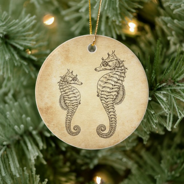 Personalisierte Vintage Seepferd Ocean Beach Keramik Ornament (Baum)