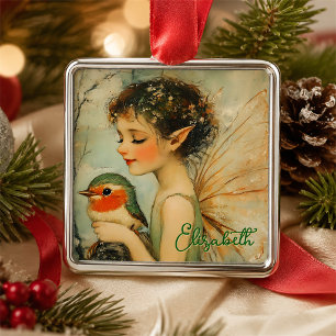 Personalisierte Vintage-Weihnachtsfee mit Rotkehlc Ornament Aus Metall