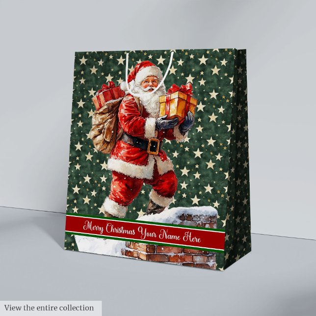 Personalisierte Vintage Weihnachtskarte Mittlere Geschenktüte (Personalized Vintage Santa Claus Christmas Bag)