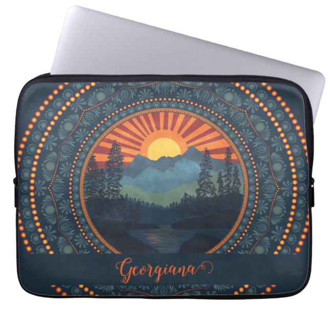 Personalisierte Vintage Wildnis Sunset Dot Mandala Laptopschutzhülle (Vorderseite)