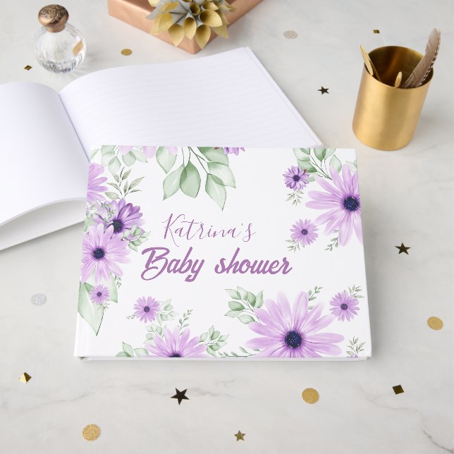 Personalisierte Violett Wasserfarben Blume Kinderd Gästebuch (Vorderseite Offen)