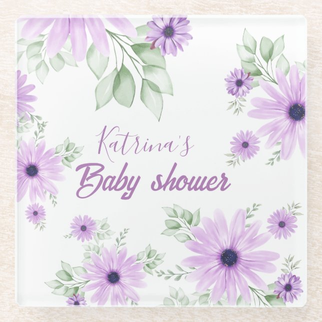 Personalisierte Violett Wasserfarben Blume Kinderd Glasuntersetzer (Vorderseite)
