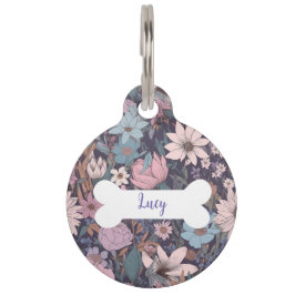Personalisierte violette Blumen Muster runder Pet  Haustiermarke